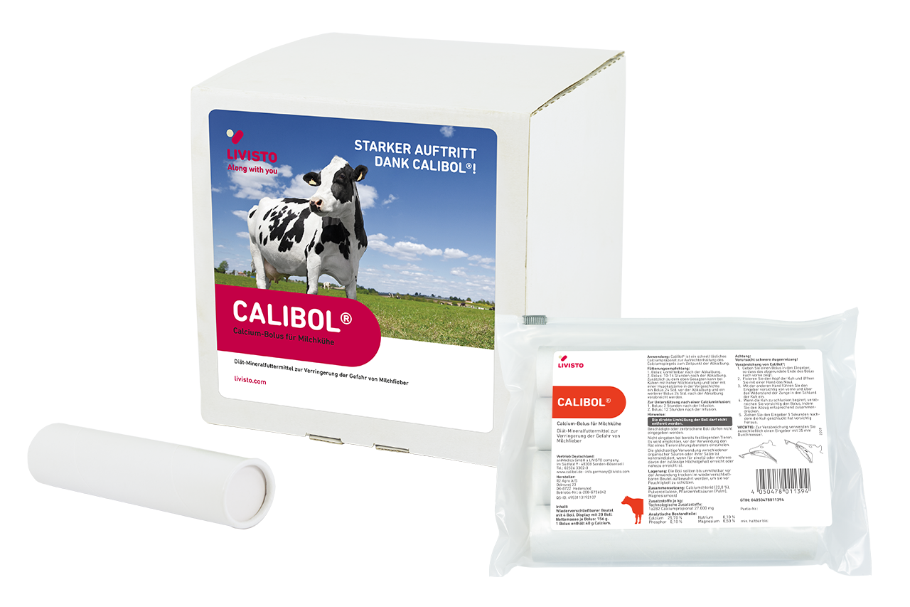 Calibol Calcium-Bolus für Milchkühe Produktfoto mit Zip-Beutel und Karton
